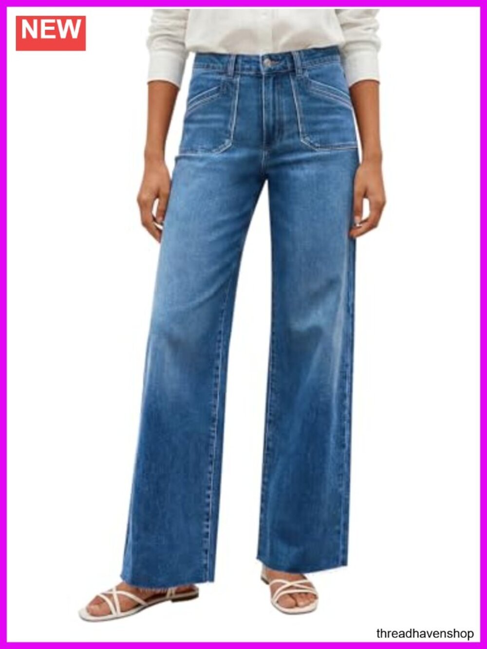 Wide Leg High Waisted Jeans Stretchy Straight Denim Pants with Pockets